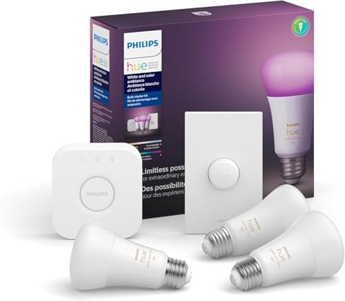 Philips Hue White and Color Ambiance Base Lumen (60W) Smart Button Starter Kit, 16 Millions Colors, Works with Amazon Alexa, Google Assistant, Apple HomeKit 60 Watt (OLD VERSION)