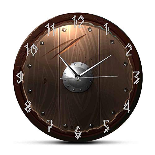 The Geeky Days Barbarian Shield Indoor Silent Movement Wall Clock 3D Vision Hanging Wall Watch Viking Barbarian Medieval Man Cave Home Decor