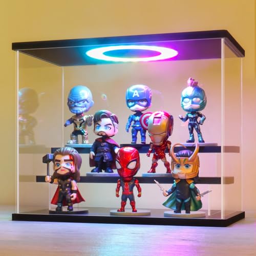 LANSCOERY RGB Lighted Acrylic Display Case – 3 Tier Black Showcase with Color Changing LED, Dustproof Organizer Box for Funko Pop, Mini Figures, Collectibles, 11.8x6.3x9.4inch