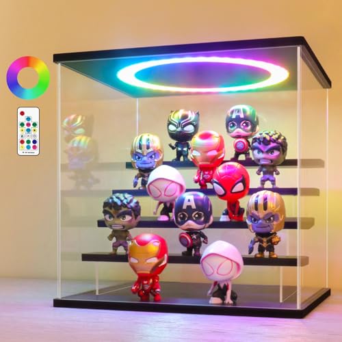 LANSCOERY RGB Lighted Acrylic Display Case – 5 Tier Black Showcase with Color Changing LED, Dustproof Organizer Box for Funko Pop, Mini Figures, Collectibles, 11.8x11x11.8inch