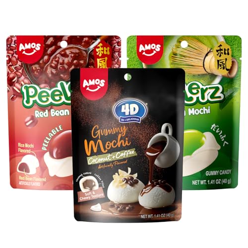 AMOS 4D Gummy Mochi, Soft & Chewy Japanese-Style Rice Mochi Candy, Red Bean/Matcha/Coconut-Coffee Flavors, 1.41 Oz (40g) - 3bags ﻿