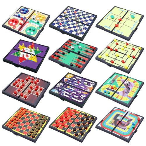 Magnetic Board Travel Games Set, Includes 12 Different Retro Board Games, Compact Travel Design Set, Individually Boxed, Best Gift Idea for Kids