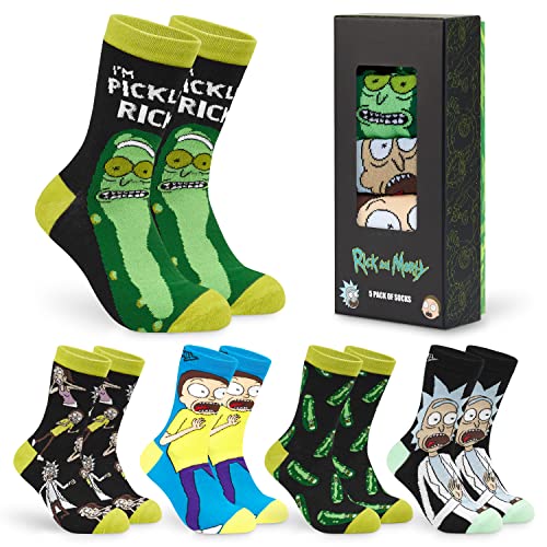 RICK AND MORTY Funny Calf Socks for Men & Teens US Size 7-11, Pack of 5 Soft Casual Warm Socks, Pickle Rick Gifts for Men (Green/Black)