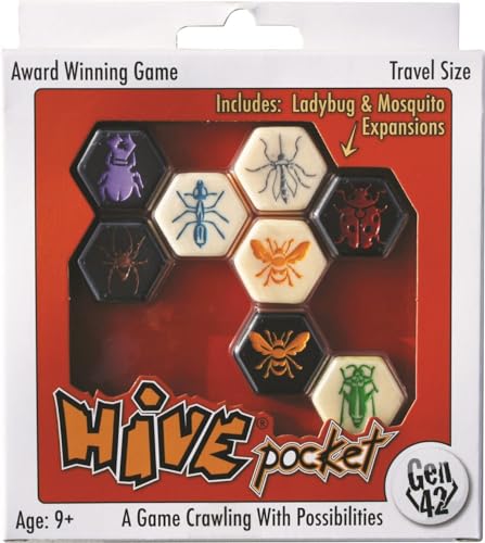 Hive Pocket Game by Smart Zone Games | Portable Abstract Strategy Game for 2 Players | Includes Ladybug and Mosquito Expansions | Compact Travel Edition of the Award Winning Hive Strategy Game