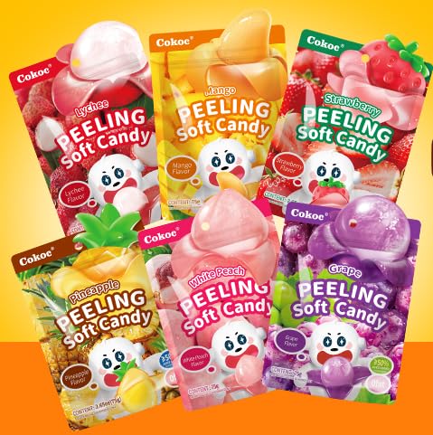 COKOC Peelable Gummy Candy Variety Pack – 6 Fruit Flavors (Mango, Strawberry, Lychee, Peach, Grape,Pineapple) – Soft & Chewy Fruit Snacks with Real Juice – Fun Peelable Candy for Kids & Adults, 6 Bags