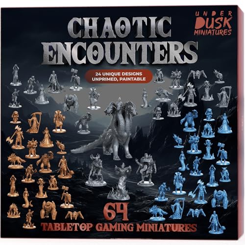 Underdusk: Chaotic Encounters - 64 Unpainted Tabletop DND Bulk Miniatures for TTRPG, Pathfinder & Dungeons and Dragons | Monster Figures Starter Pack with Stat Blocks